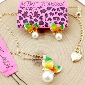 Gold plated red yellow-green pearl butterfly necklace earring set
